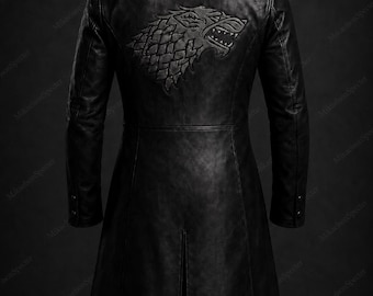 Game of Thrones Jon Snow Cloak Coat,  Unisex House Stark Inspired Black Leather Coat, Gothic Embroidered Wolf Coat, Medieval Cosplay Costume