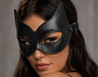 Handcrafted Black Leather Cat Mask: Gothic Masquerade, Halloween Cosplay
