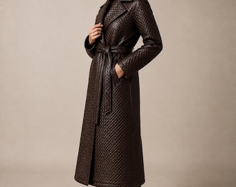 Handwoven Leather Trench Coat for Women: Long Belted Winter Coat
