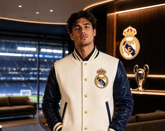 Real Madrid Inspired Varsity Jacket, White Navy Gold Custom Name Number Football Fan Apparel