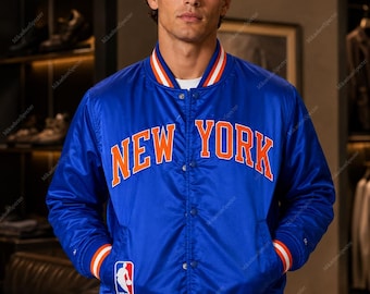 Knicks Bomber Jacket – NY Knicks Champion Satin Varsity, Blue Streetwear Bomber Jacket