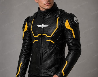 Helldivers 2 Inspired Leather Jacket, Black Yellow Armor Cosplay Costume