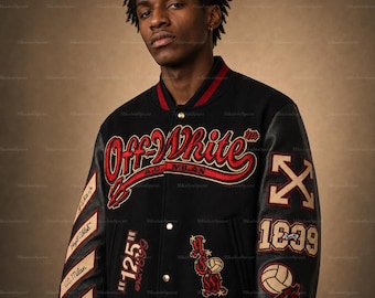 Off White x AC Milan Vintage Letterman Jacket, Varsity Streetwear Football Bomber