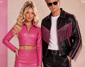 Barbie Pink Cropped Leather Jacket, Ken Black Fringe Jacket, Couple Cosplay Halloween 2026 Outfit