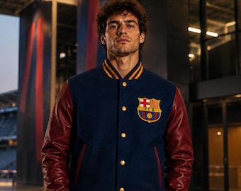 Vintage Barcelona Varsity Jacket, Navy Burgundy Leather Sleeves, Personalized Football Fanwear