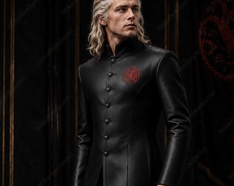 Unisex Black Leather Dragon Embroidered Coat, House Targaryen Gothic Cosplay Costume