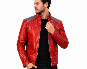 Vintage Michael Jackson Inspired Red Genuine Leather Biker Jacket – Tribute to Iconic Pop Fashion -