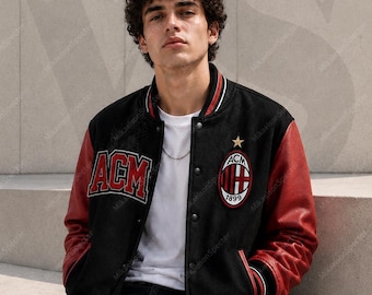 AC Milan Inspired Varsity Jacket, ACM Rossoneri Football Letterman Fan Jacket