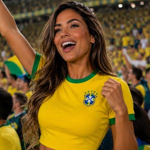 Female football fan cheering in a stadium wearing a yellow and green Brazil-inspired home football crop top
