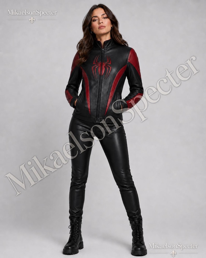 Female model wearing black and red spider inspired leather jacket by MikaelsonSpecter, front view with fitted premium leather biker design
