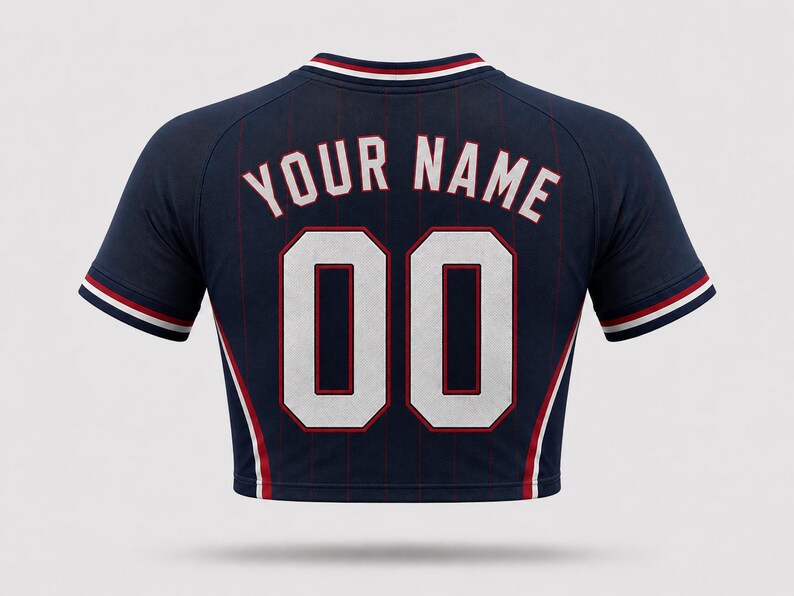 Back view of a women’s USA football away crop top in dark navy with thin red pinstripes, featuring customizable white block lettering “YOUR NAME” and number “00” with red outline, cropped fit, and athletic contouring