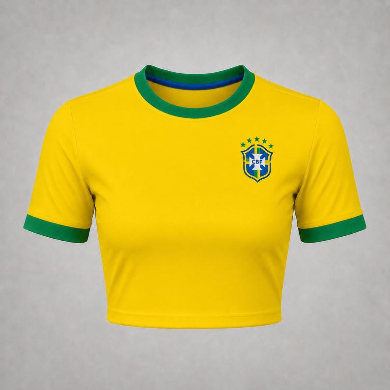Front product mockup of a yellow Brazil-inspired football crop top with green collar, sleeve cuffs and chest crest