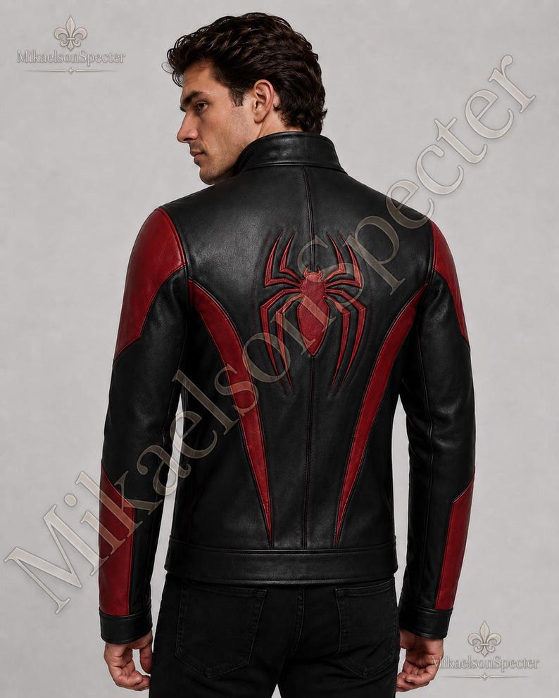 Female model wearing black and red spider inspired leather jacket by MikaelsonSpecter, front view with fitted premium leather biker design