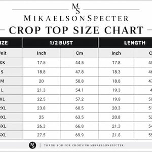 May include: A black and white crop top size chart with measurements in inches and centimeters. The chart includes sizes XS to 5XL, with bust and length measurements. The text "MIKAELSON SPECTER" is at the top.