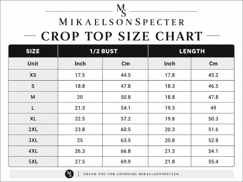 May include: A black and white crop top size chart with measurements in inches and centimeters. The chart includes sizes XS to 5XL, with bust and length measurements. The text "MIKAELSON SPECTER" is at the top.