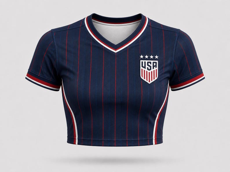 Front view of a women’s USA football away crop top in dark navy with thin red pinstripes, subtle panel details, layered collar and sleeve trims in red, white, and navy, and a shield-style USA crest on the chest