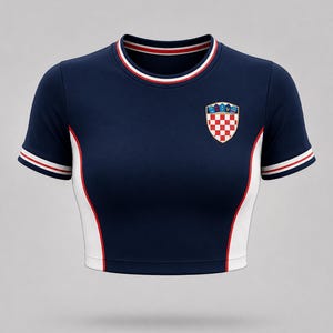 Navy blue crop top with white and red detailing. The shirt has a red and white chequered emblem with a crest. The sleeves and neckline have red and white stripes.