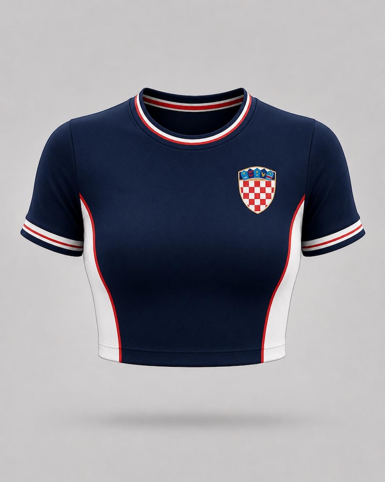 Navy blue crop top with white and red detailing. The shirt has a red and white chequered emblem with a crest. The sleeves and neckline have red and white stripes.