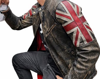 Chaqueta de cuero Union Jack / Chaqueta de motociclista desgastada / Chaqueta de motociclista de cuero con bandera británica para hombre