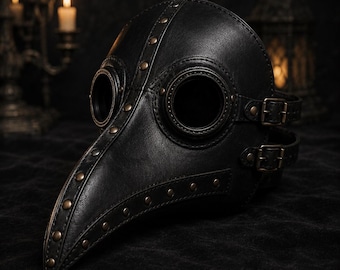 Black Leather Plague Doctor Mask, Gothic Full Face Halloween Cosplay