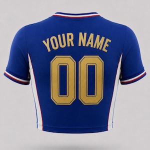 Blue France-inspired football crop top back with customizable name and number in gold