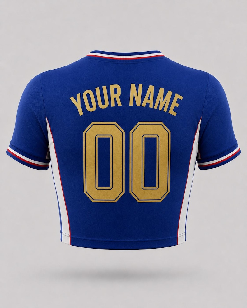 Blue France-inspired football crop top back with customizable name and number in gold