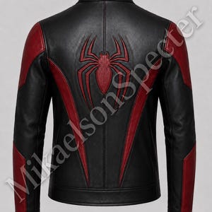 Back mockup of black and red spider inspired leather jacket with large back emblem, red sleeve panels, and premium black leather finish