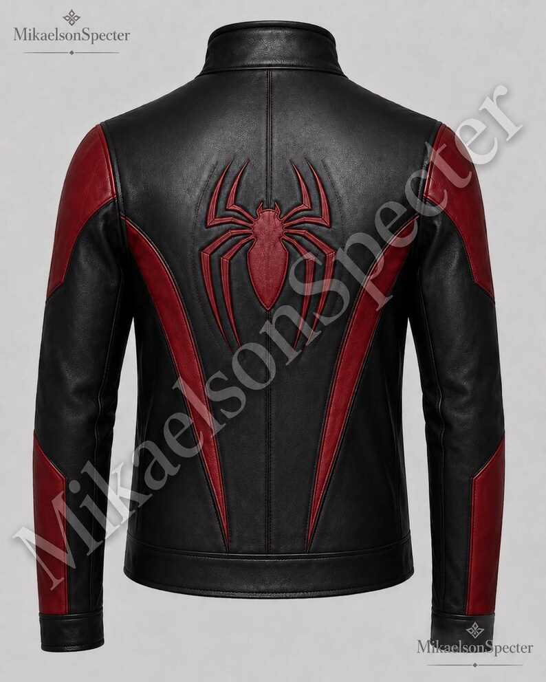 Back mockup of black and red spider inspired leather jacket with large back emblem, red sleeve panels, and premium black leather finish