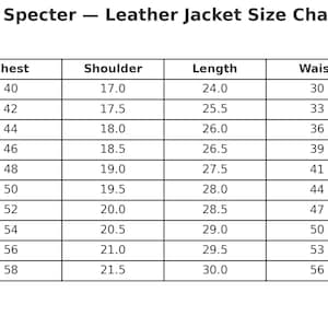 May include: A black and white size chart table titled Mikaelson Specter Leather Jacket Size Chart (inches). The table lists sizes from XXS to 5XL with corresponding measurements in inches for chest, shoulder, length, waist, and sleeve dimensions.