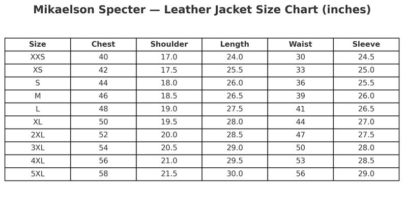 May include: A black and white size chart table titled Mikaelson Specter Leather Jacket Size Chart (inches). The table lists sizes from XXS to 5XL with corresponding measurements in inches for chest, shoulder, length, waist, and sleeve dimensions.