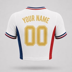 White France-inspired football crop top back with customizable name and number in gold