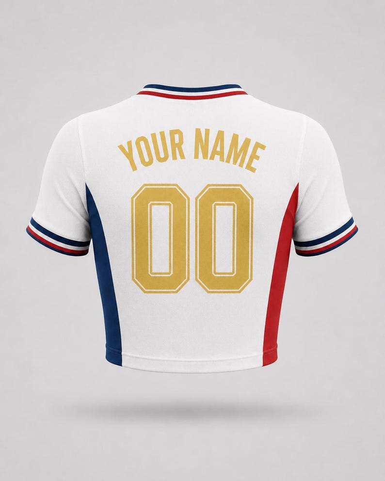 White France-inspired football crop top back with customizable name and number in gold