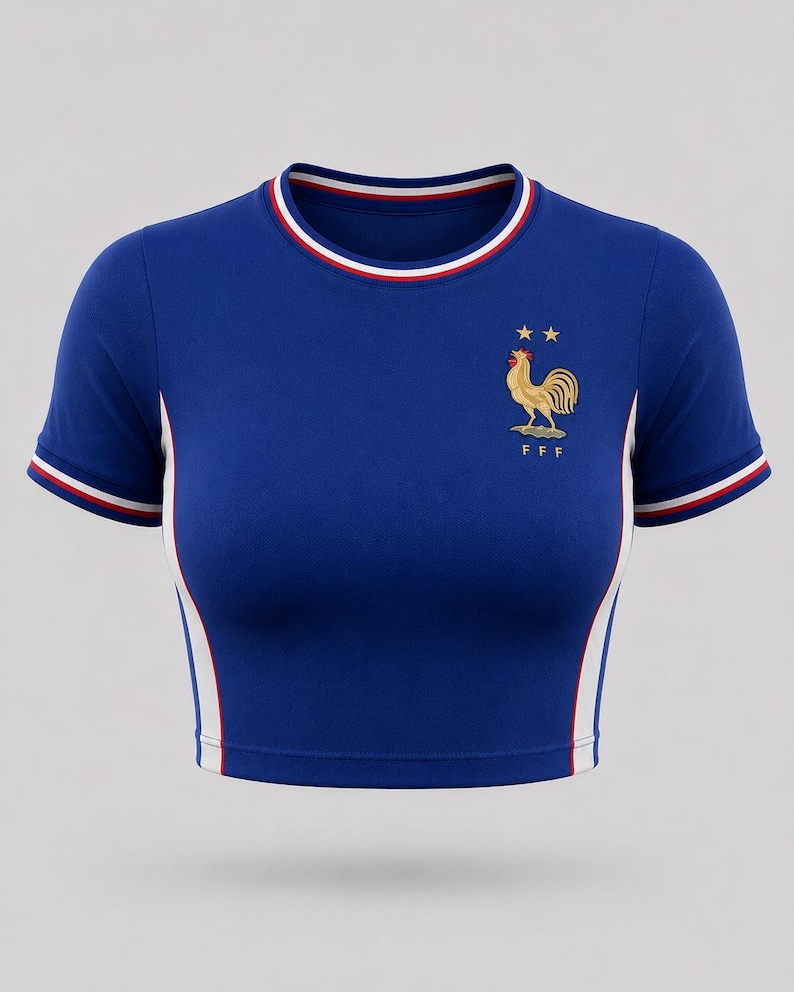 France-inspired blue women’s football crop top with rooster crest and tricolor trim, front view