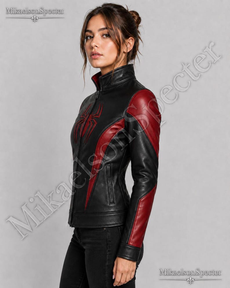 Side angle of female model wearing black and red spider inspired leather jacket, showing sleeve details, fitted shape, and premium leather texture