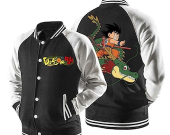 Varsity Dragon Ball Baseball Jacket Riding Shenron  Black White Unisex Streetwear ドラゴンボール 孫悟空 × 神龍（シェンロン）バーシティジャケット｜ベースボールジャケット