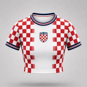 A white and red chequered crop top with a crew neck and short sleeves. The top features a Croatian coat of arms emblem on the chest and navy blue and red trim. The shirt is a sports jersey.