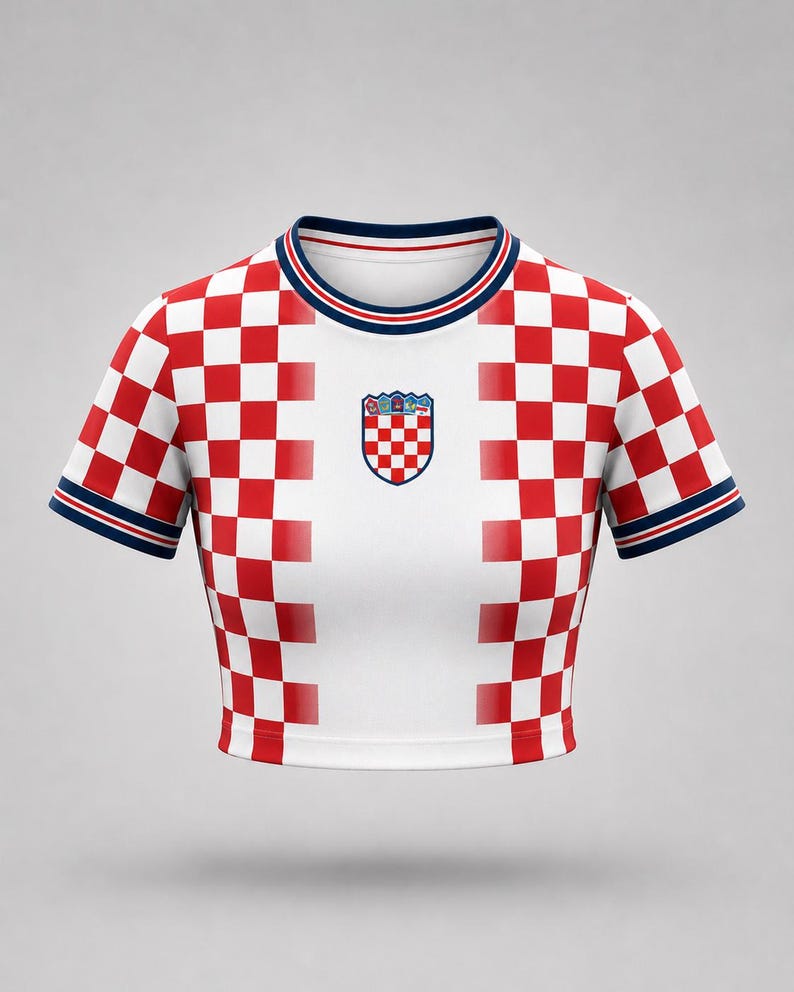 A white and red chequered crop top with a crew neck and short sleeves. The top features a Croatian coat of arms emblem on the chest and navy blue and red trim. The shirt is a sports jersey.