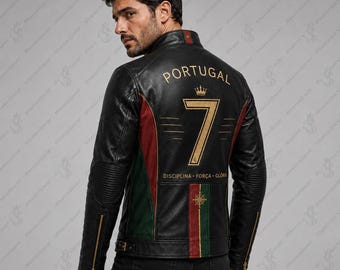 Portugal CR7 Leather Jacket, Men's Soccer Fanwear, Black Gold Red Green