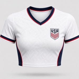 Front view of a women’s USA football home crop top in white with navy side panels, red accent piping, and a shield-style USA crest on the chest