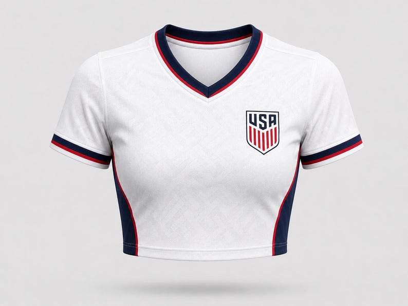 Front view of a women’s USA football home crop top in white with navy side panels, red accent piping, and a shield-style USA crest on the chest