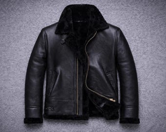 Men’s Black Shearling Leather Bomber Jacket | B3 Aviator Flight Jacket | Genuine Winter Coat