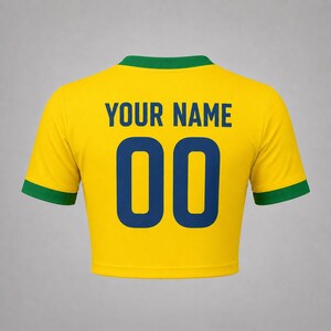 Back product mockup of a yellow Brazil-inspired football crop top featuring customizable name and number 00