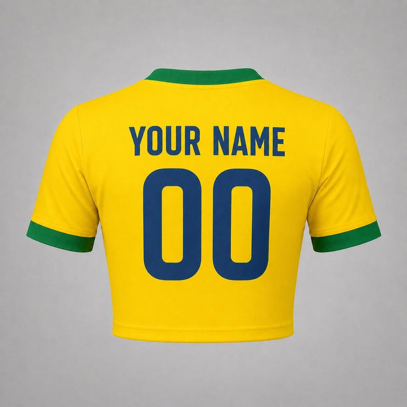 Back product mockup of a yellow Brazil-inspired football crop top featuring customizable name and number 00