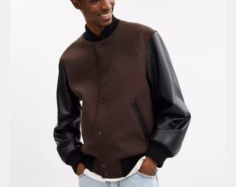 Men’s Brown Varsity Jacket with Black Leather Sleeves – Classic Letterman Style Bomber Jacket