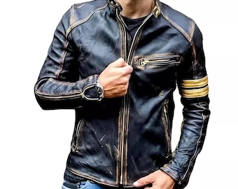 Distressed Black Leather Cafe Racer Jacket, Retro Biker Motorbike Style