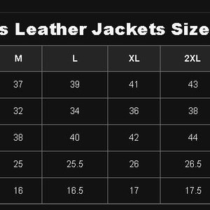May include: A black size chart for leather jackets with white text. The table lists measurements in inches for chest, waist, hips, sleeves, and shoulder across sizes XS through 6XL. The header reads Leather Jackets Size Chart.