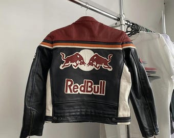 Vintage Red Bull Racing Leather Jacket, Genuine Leather Motorcycle