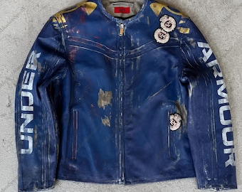 Under Armour x 424 Leather Biker Jacket, Distressed Vintage Style Mens Streetwear Jacket