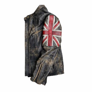 Chaqueta de cuero estilo motero con la bandera británica desgastada / Regalo con la bandera británica para él/ella