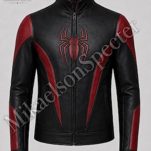 ront mockup of black and red spider inspired leather jacket with plain premium leather texture, chest emblem, and sleek biker design